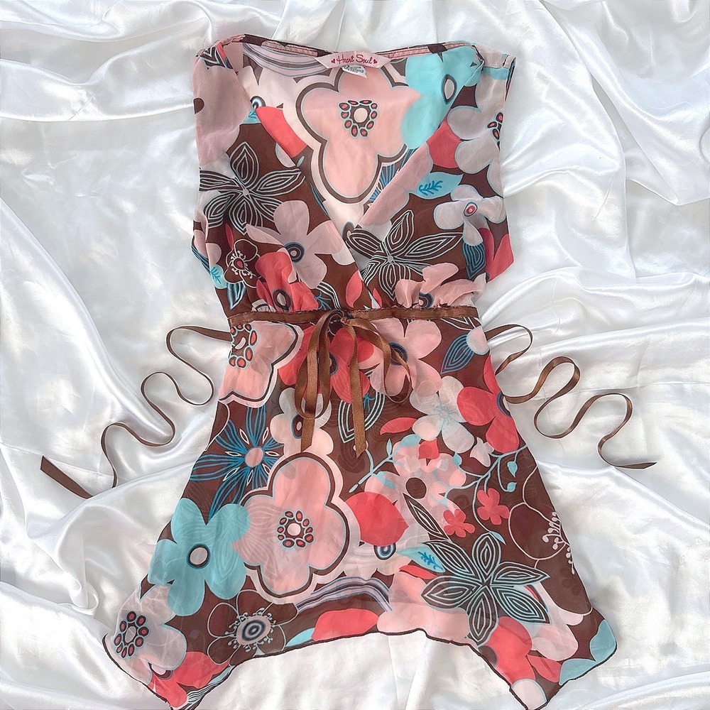 Heart Soul Brown Pink Floral Sheer V-Neck Handkerchief Hem Tunic Top Small